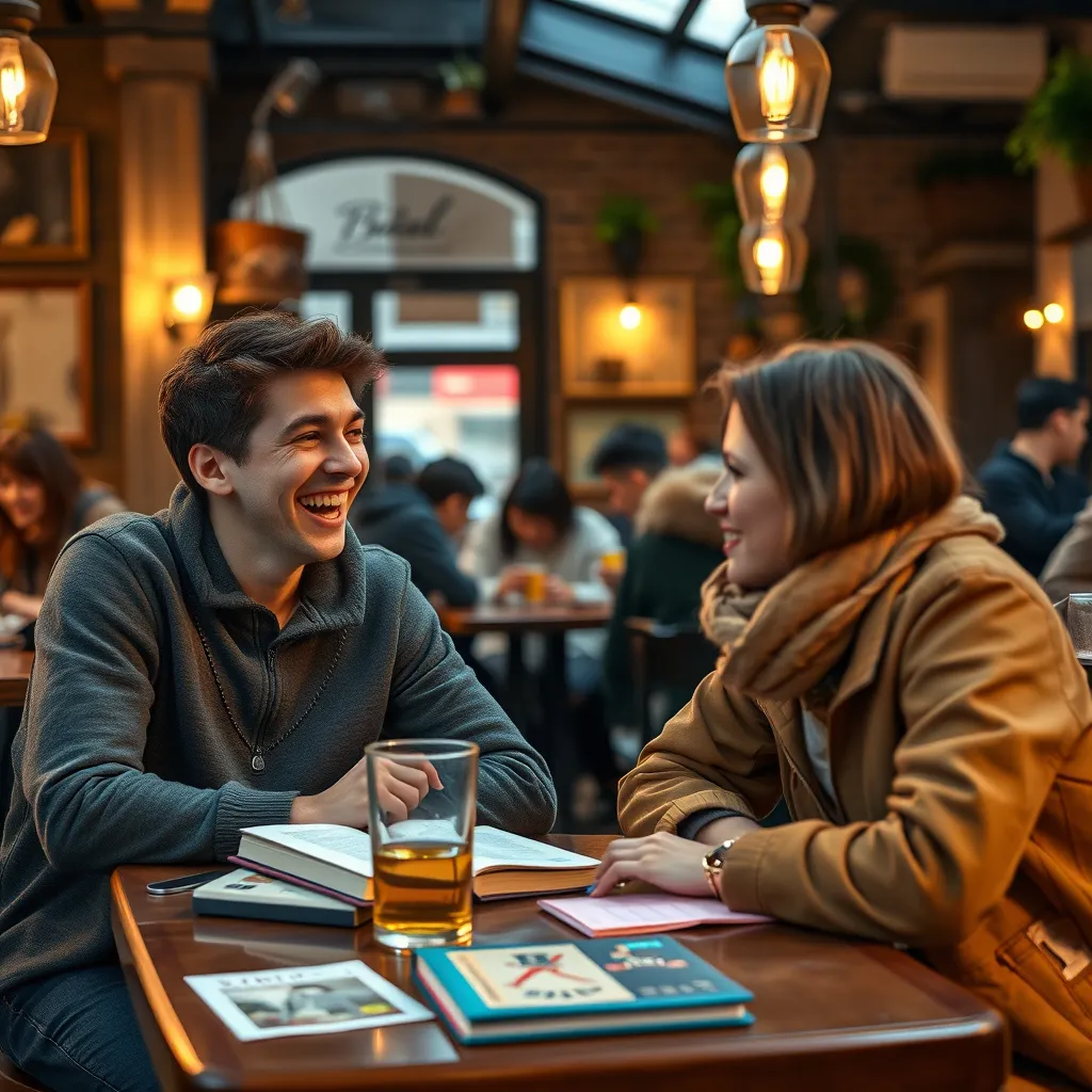 A cozy café setting with a language student enthusiastically chatting with a native speaker. They are seated at a table with drinks and books, surrounded by a warm ambiance. Other groups are seen conversing, illustrating a lively language exchange atmosphere.