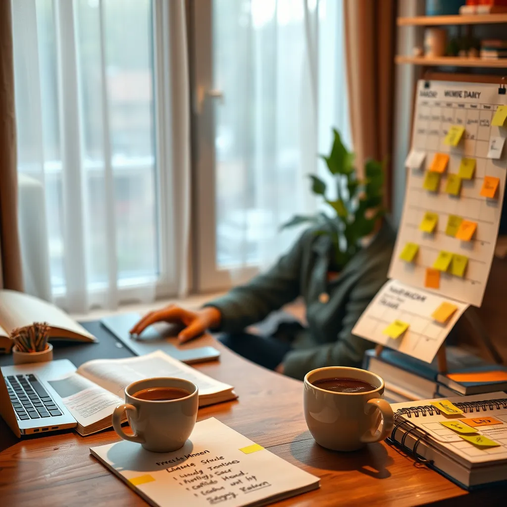 A cozy home workspace featuring a person practicing a language with a laptop, language books, and post-it notes. The room is warm and inviting, with a cup of coffee, a notepad with vocabulary words, and a calendar marking daily practice, emphasizing a comfortable study environment.