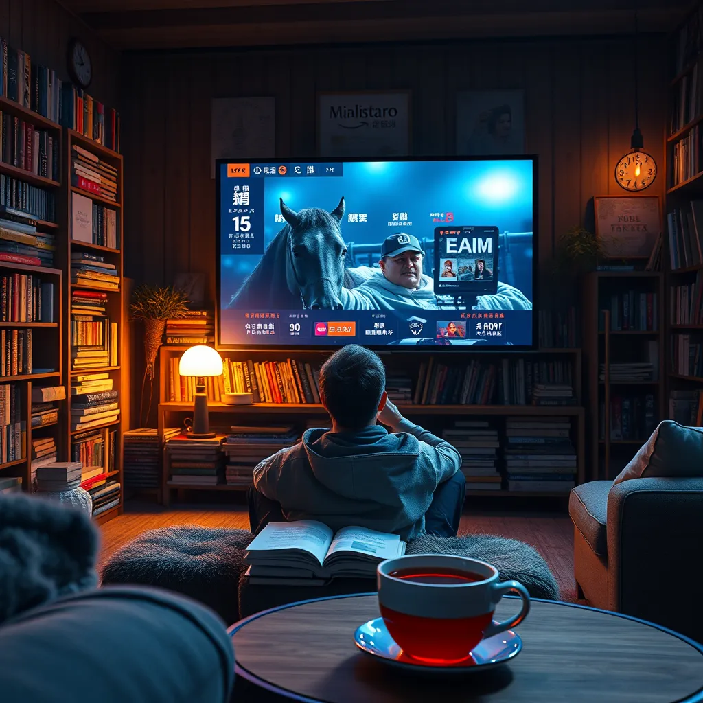 A cozy living room setting with a person watching a foreign film on a large screen, surrounded by books in various languages. The room is filled with soft lighting, creating a warm and inviting atmosphere, and a coffee table with a steaming cup of tea.