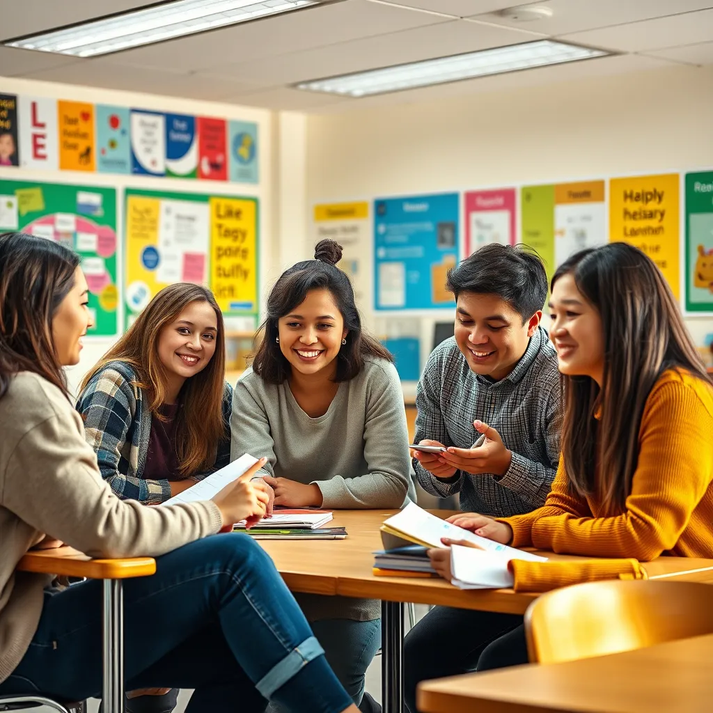A diverse group of language students working together in a bright classroom, engaged in interactive activities. They display expressions of curiosity and enthusiasm as they help each other. The environment is vibrant, filled with language posters and encouraging quotes on the walls.