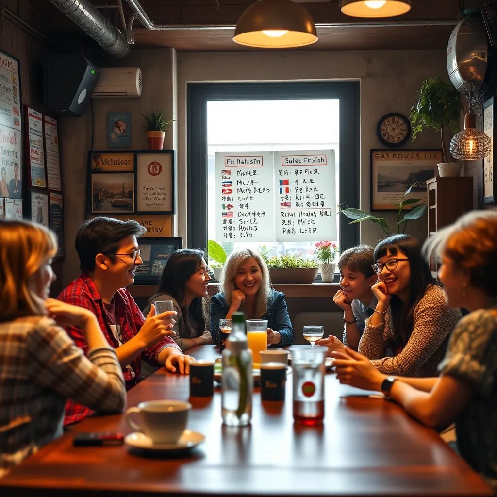 A lively social gathering of language learners in a cozy coffee shop setting, featuring small groups conversing in different languages, a notice board with language exchange events, and a warm, inviting atmosphere filled with laughter and conversation.