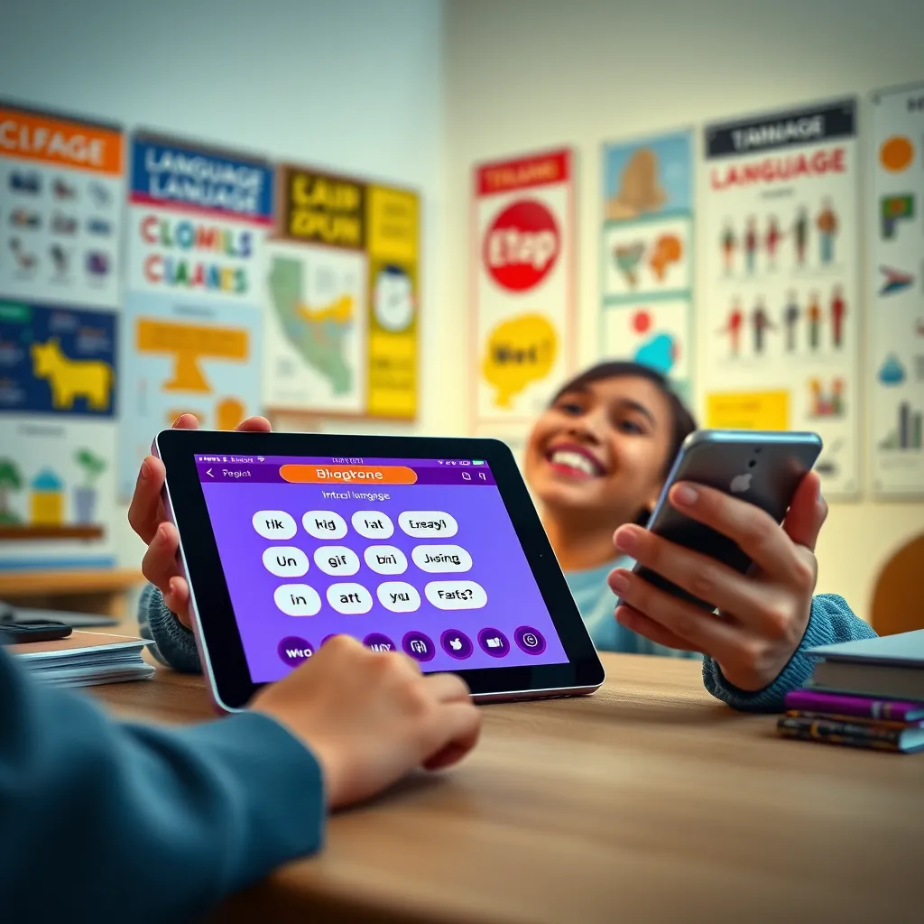 A modern digital setup displaying a tablet with interactive language learning apps open, alongside a smartphone. Include a person joyfully solving a language quiz, surrounded by educational posters and colorful graphics, showcasing a lively and motivating learning atmosphere.