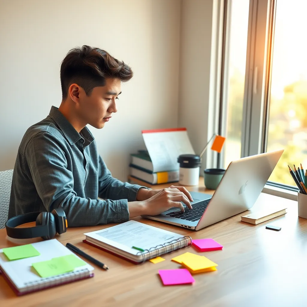 A modern workspace featuring a language student using a laptop and smartphone with language learning apps open. The desk is organized with notebooks, headphones, and colorful sticky notes. A window view displays a sunny day, symbolizing inspiration and growth.