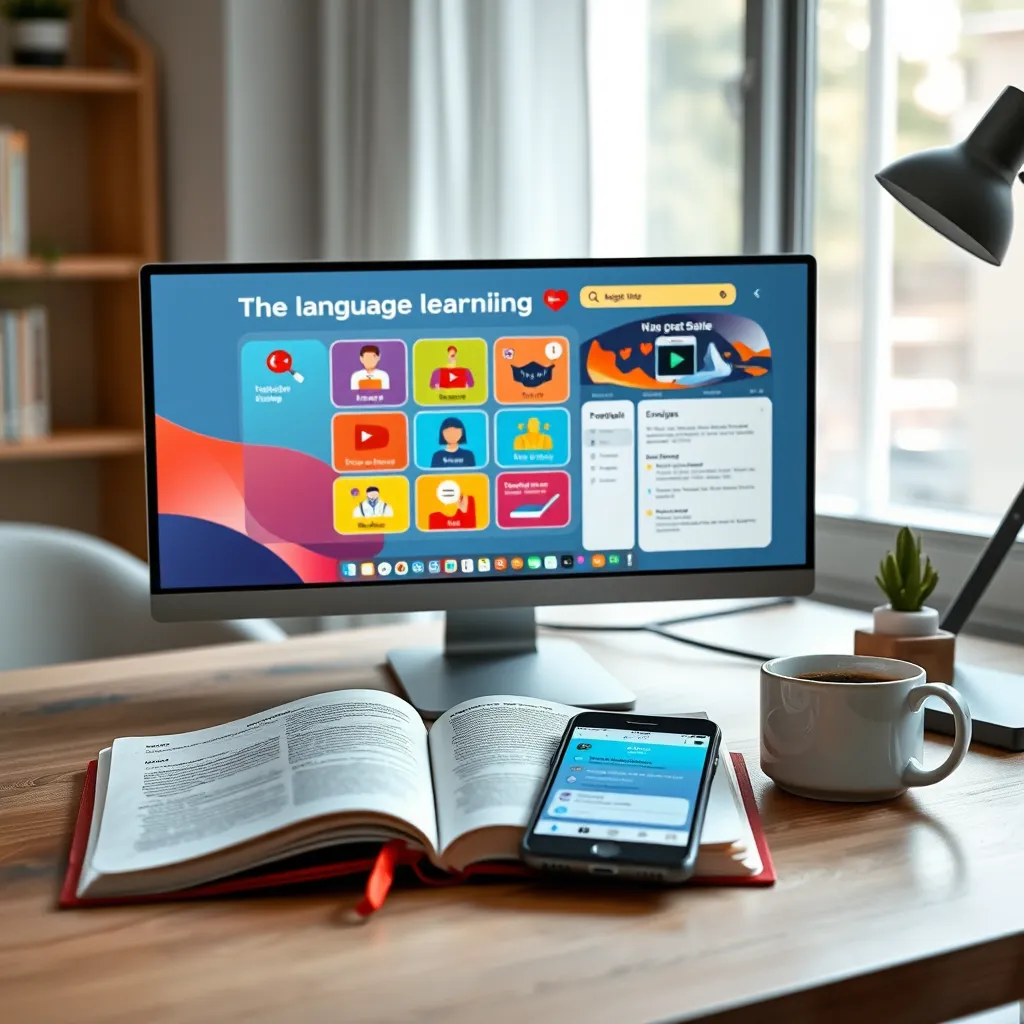 A modern workspace featuring a computer showing a language learning app interface with colorful graphics and engaging exercises. An open notebook, a smartphone with a language exchange app, and a cup of coffee are visible, emphasizing a tech-savvy learning environment.
