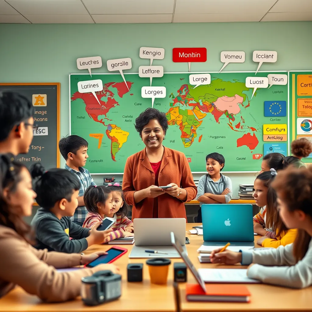 A vibrant classroom scene with diverse learners engaging in a language lesson, featuring a friendly teacher interacting with students, speech bubbles depicting various languages, a colorful world map on the wall, and students using technology like tablets and laptops.
