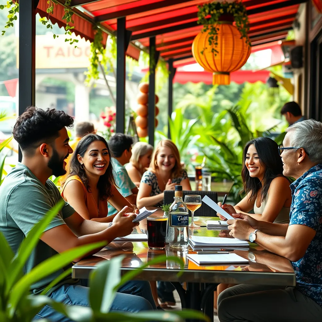 A vibrant outdoor café scene with diverse people engaging in lively conversations. A group of individuals is sitting at a table, two with laughter and gestures, while others are taking notes or recording. The café is filled with greenery and colorful decor.