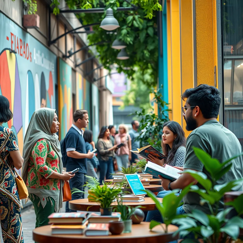 A vibrant street scene showcasing people from diverse cultures engaged in conversation, with a backdrop of colorful art murals. Include a cafe setting where individuals are reading books in different languages, surrounded by greenery, creating an inviting atmosphere for language learning.