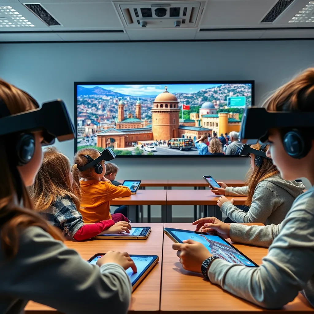 An artistic representation of a modern learning environment with students of different ages using virtual reality headsets, interactive language apps on touchscreen devices, and a large screen displaying immersive cultural scenes, promoting engaging language learning experiences.